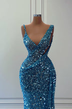 Blue Sleeveless Long Sequins Mermaid Prom Dress BM bride