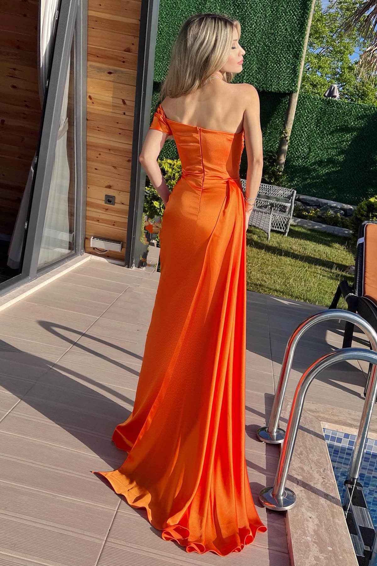 Orange Sleeveless Mermaid Ruffles Beadings Prom Dress One Shoulder With Split