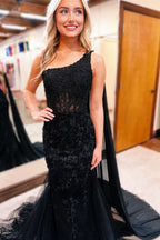 Chic Black One Shoulder Appliques Mermaid Long Prom Dress BM bride