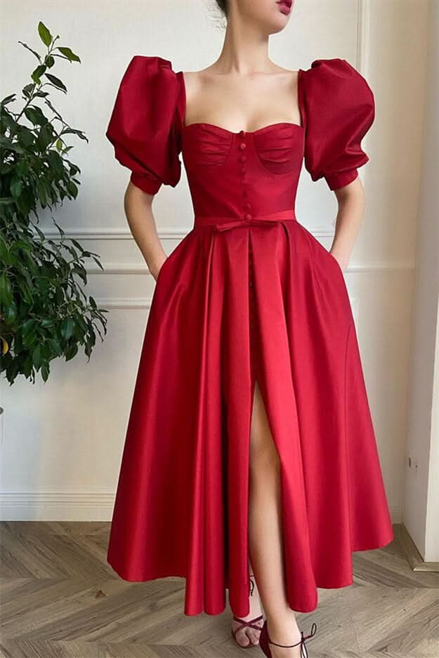 Online Wine Red Front Split Short Square Neck Prom Dress with Short Sleeves BM bride