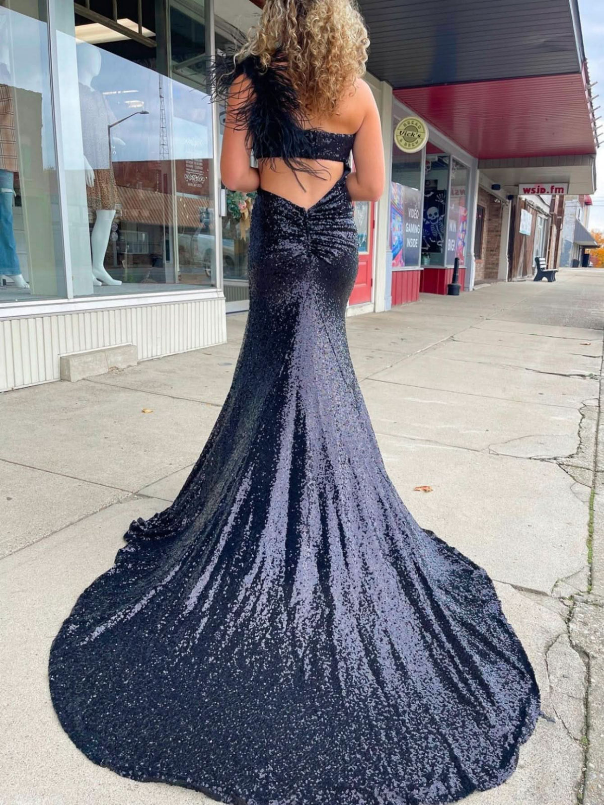 Unique One Shoulder Sparkly Black Mermaid Prom Dress BM bride