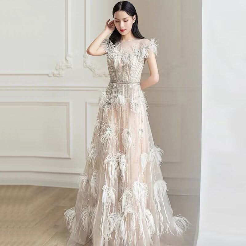 Feather Sequins Applique Prom Dress, A-Line Tulle BM bride