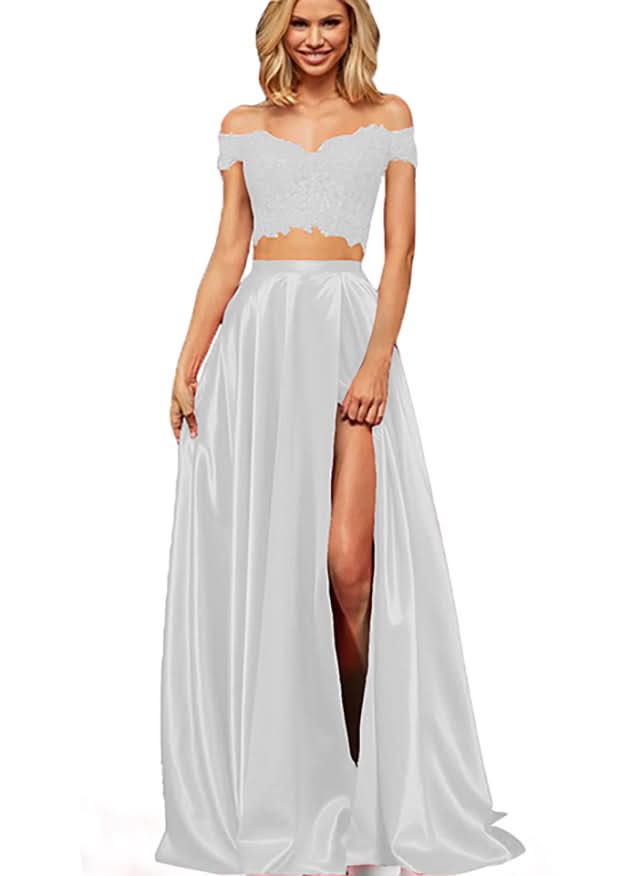 Off-the-Shoulder Two Pieces Prom Dress with Appliques and Slit BM bride