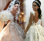 Bateau Long Sleeve Backless Floor-Length Princess Wedding Dress with Lace Appliques and Ruffles BM bride