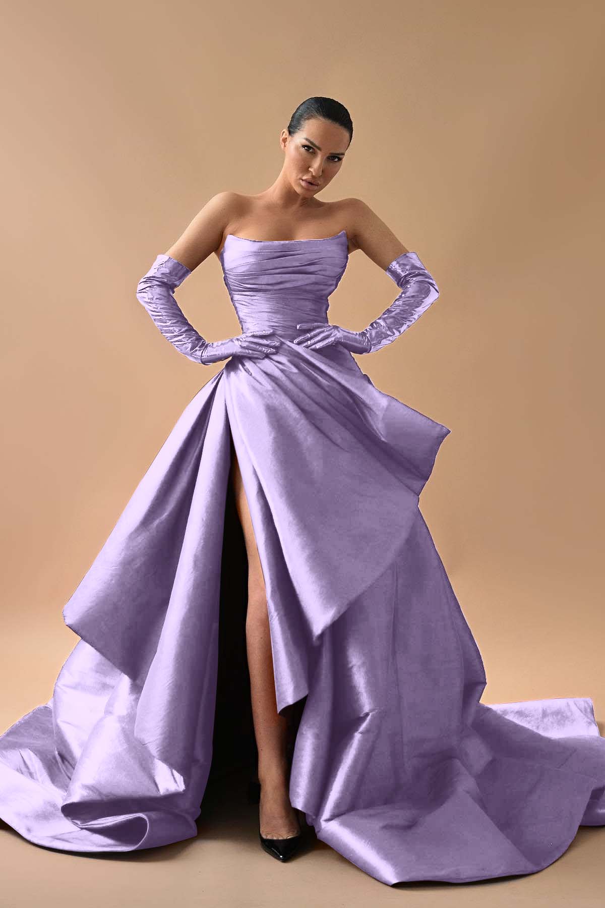 Strapless Sleeveless Long Split Prom Dress With Gloves Pleated BMBRIDE