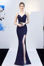 Dark Navy Sequins V Neck Sleeveless Spaghetti Strap Long Mermaid Prom Dress With Split