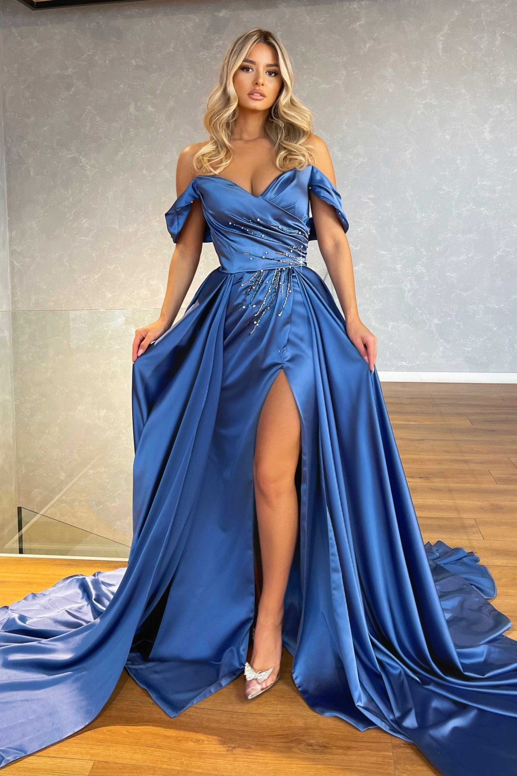 Off-the-Shoulder Blue Split Prom Dress Overskirt with Beadings BM bride