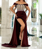 Strapless Sleeveless Prom Dress with Rhinestone and Long Side Slit Trail BM bride