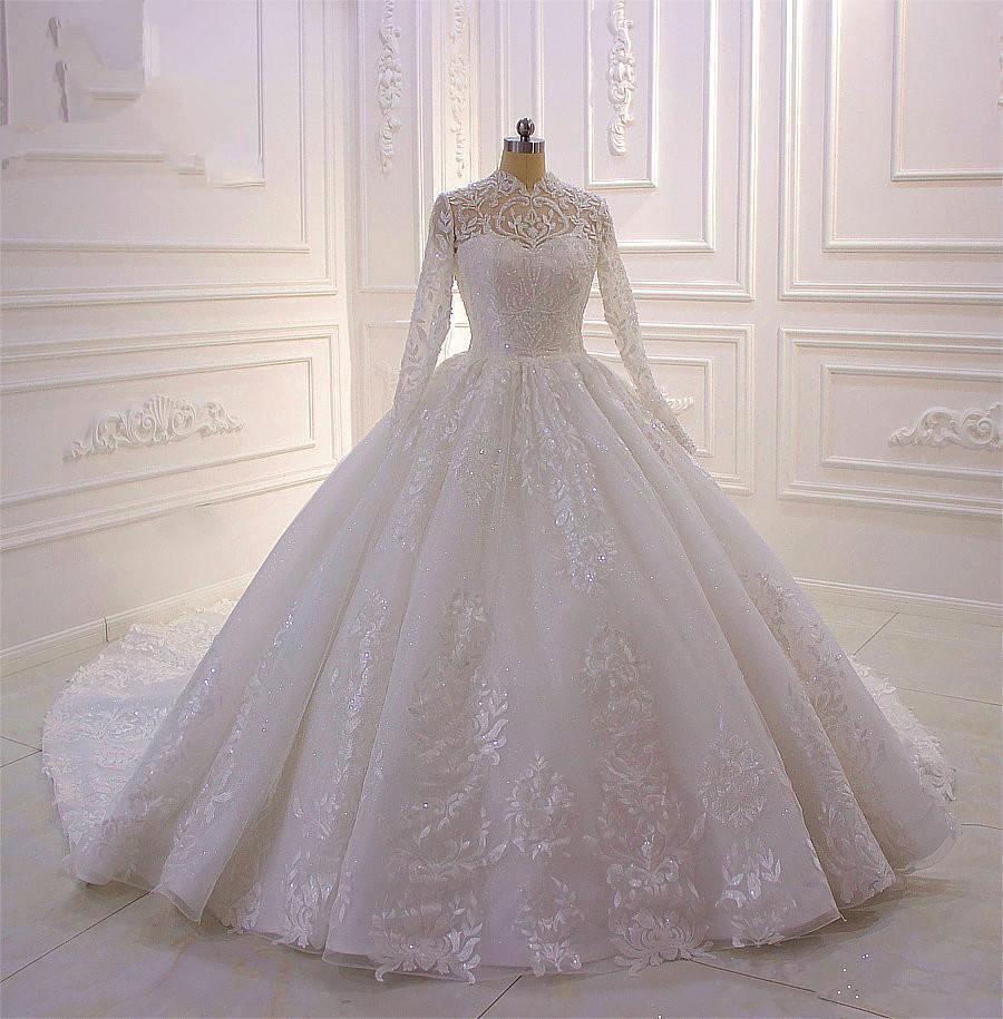 High Neck Long Sleeve Ball Gown Wedding Dress with Lace Ruffles BM bride