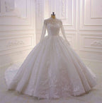 High Neck Long Sleeve Ball Gown Wedding Dress with Lace Ruffles BM bride