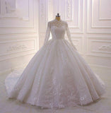 High Neck Long Sleeve Ball Gown Wedding Dress with Lace Ruffles BM bride