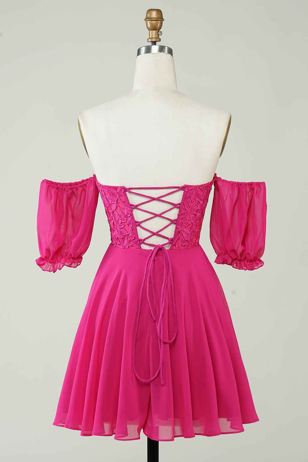 Sparkly Fuchsia Lace-Up Back A-Line Short Homecoming Dress with Lace