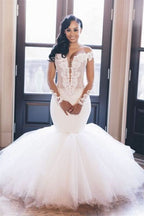Chic Off-the-Shoulder Long Sleeve Tulle Mermaid Wedding Dress with Appliques BM bride