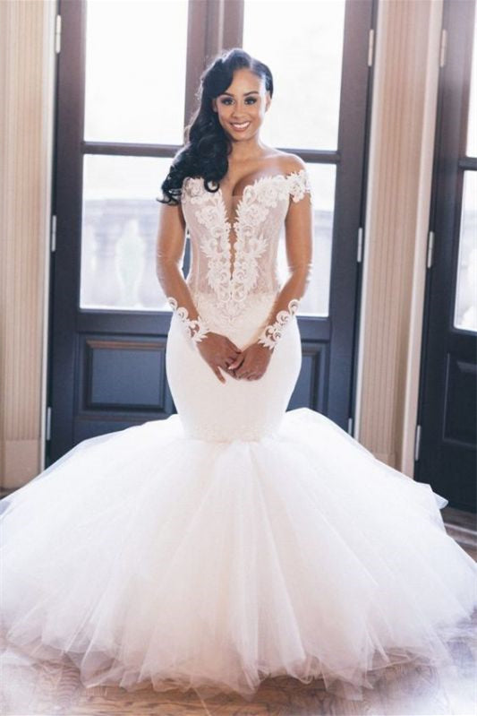 Chic Off-the-Shoulder Long Sleeve Tulle Mermaid Wedding Dress with Appliques BM bride
