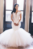Chic Off-the-Shoulder Long Sleeve Tulle Mermaid Wedding Dress with Appliques BM bride