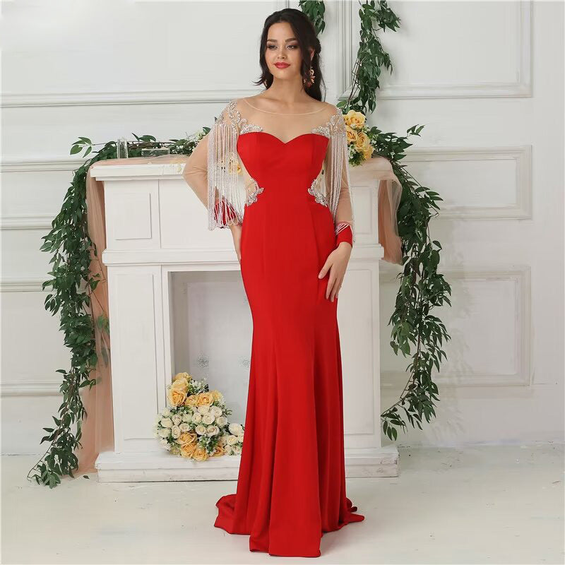 Red Mermaid Evening Dress with Satin Long Sleeves and Beading BM bride