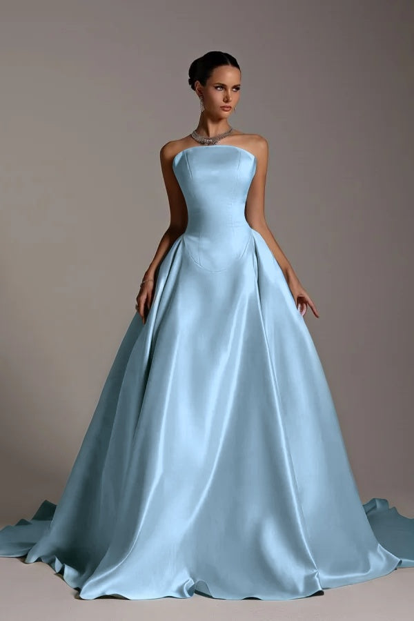 Chic Strapless Sleeveless A Line Long Prom Dress With Pleated BMBRIDE