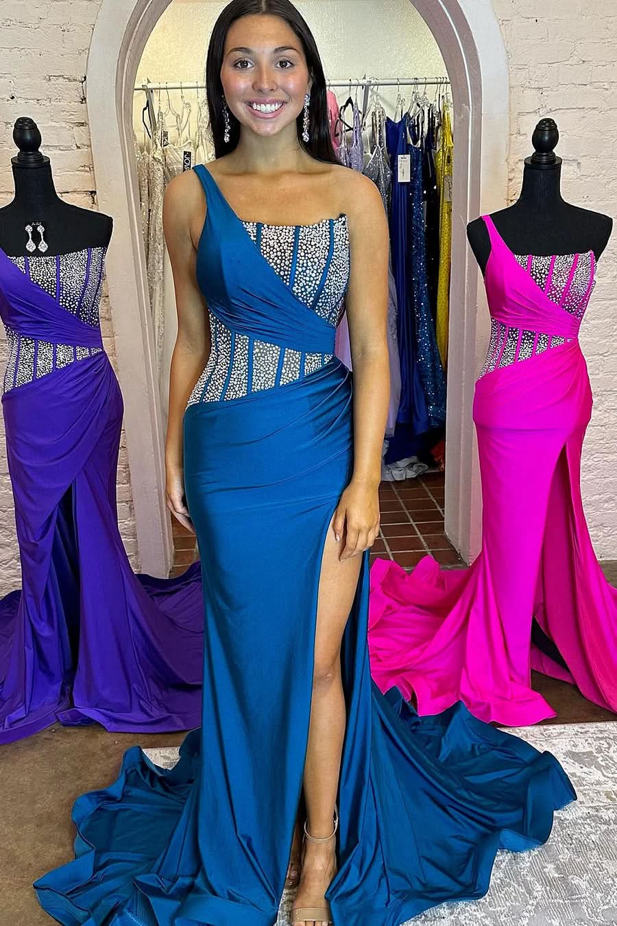 Sparkly Blue Sheath Sequins Long Prom Dress with an Elegant Slit for a Chic Look BM bride