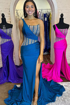 Sparkly Blue Sheath Sequins Long Prom Dress with an Elegant Slit for a Chic Look BM bride
