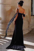 Black One Shoulder Sleeveless Split Mermaid Long Ruffles Prom Dress