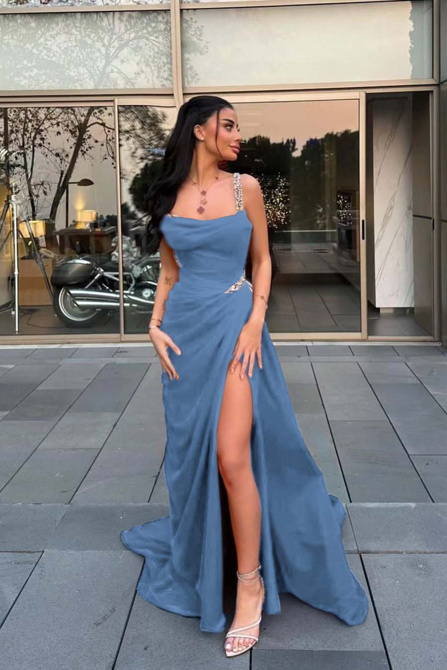 Spaghetti Strap Sleeveless Long Prom Dress With Split Beading BMBRIDE