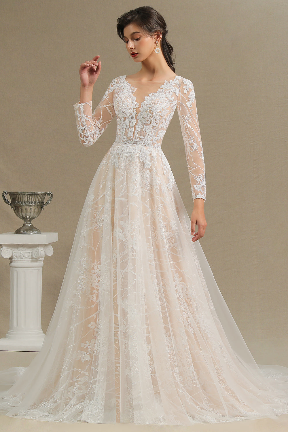 Sheer Long Sleeve A-Line Illusion Tulle Wedding Dress with Lace BM bride