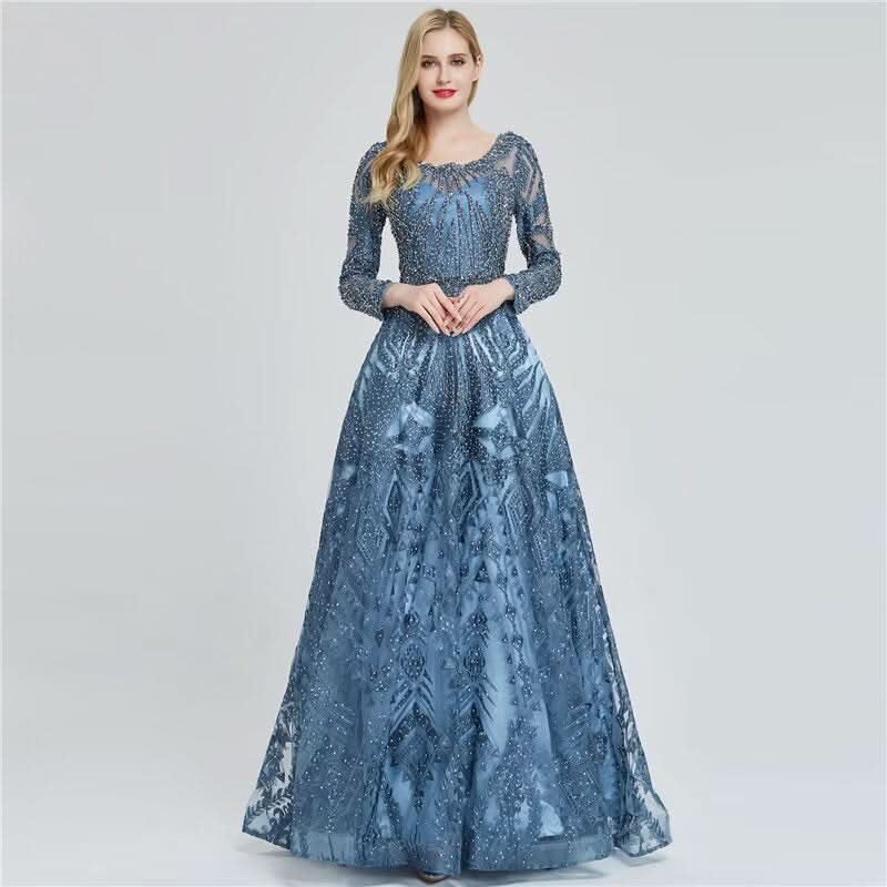 Elegant Ink Blue Long Sleeve Prom Dress, Sequin Applique A-Line BM bride