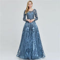 Elegant Ink Blue Long Sleeve Prom Dress, Sequin Applique A-Line BM bride