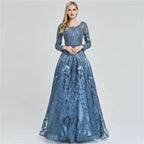 Elegant Ink Blue Long Sleeve Prom Dress, Sequin Applique A-Line BM bride