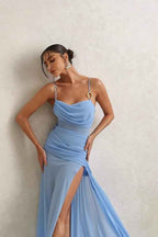 Spaghetti Strap Sleeveless Split Long Prom Dress With Pleated