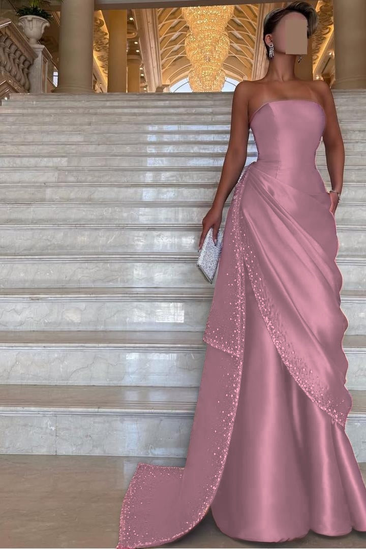 Chic Strapless Sleeveless Long Prom Dress With Pleated Beading BMBRIDE