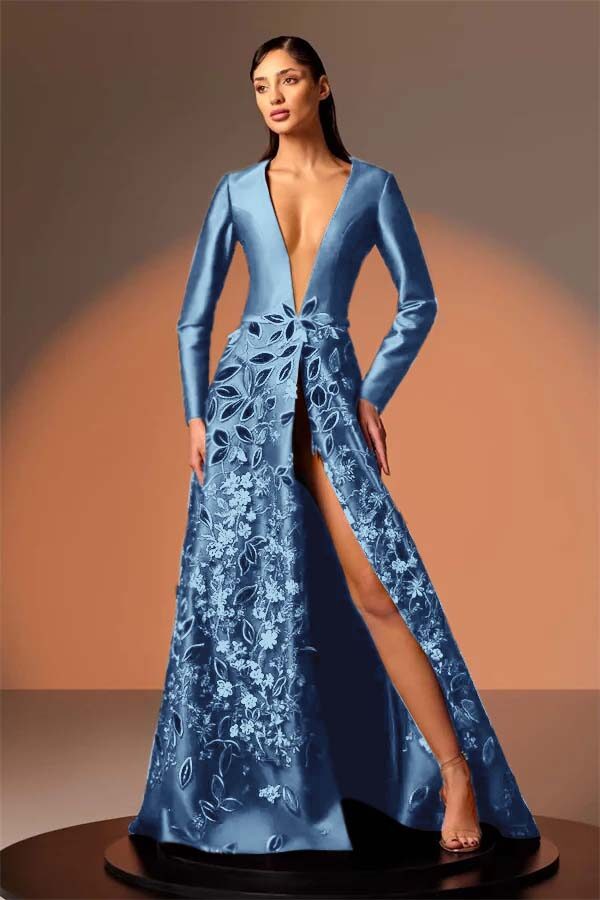 Long Sleeves Deep V Neck High Split Long Prom Dress With Appliques BMBRIDE