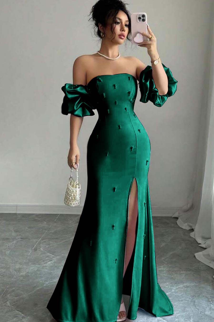 Strapless Bubble Sleeves Long Split Prom Dress With Beading BMBRIDE