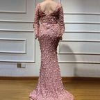 Dusty Rose Prom Dress, V-Neck Long Sleeve Mermaid with Applique BM bride