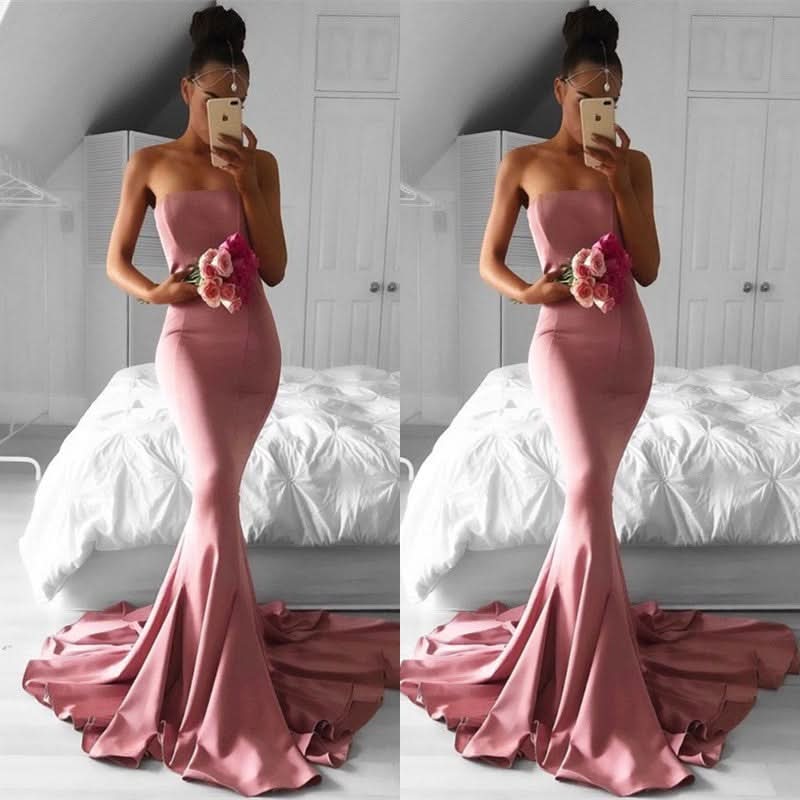 Pink Strapless Mermaid Prom Dress BM bride