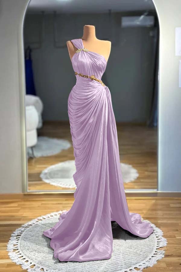 One Shoulder Sleeveless Long Mermaid Prom Dress With Pleated BMBRIDE