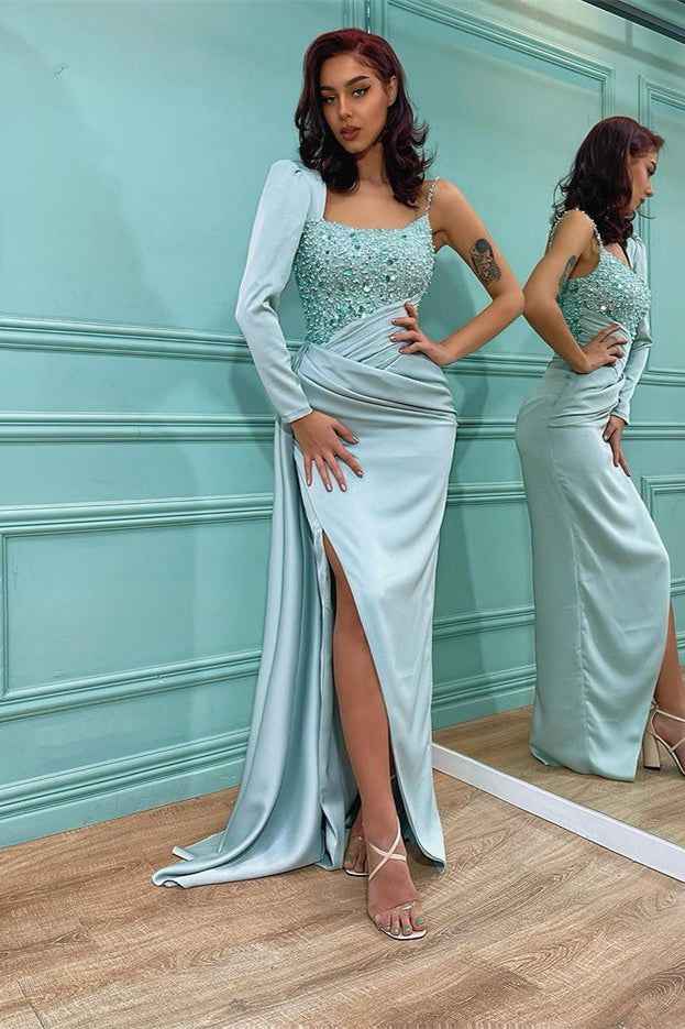 Mermaid Long Sleeve Sequins Ruffles Long Pleated Prom Dress With Side Split
