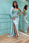 Mermaid Long Sleeve Sequins Ruffles Long Pleated Prom Dress With Side Split