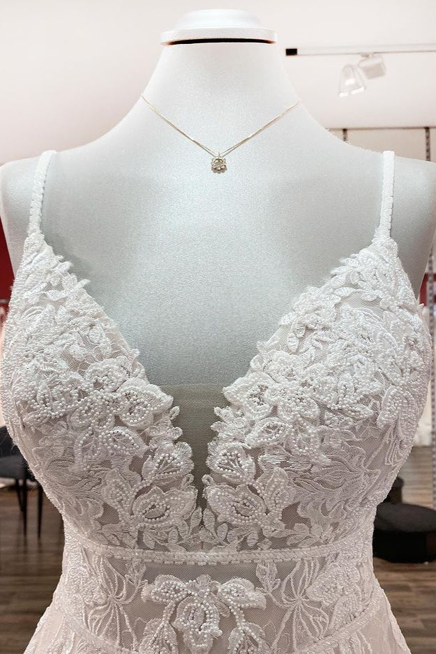 Long A-Line V-Neck Sleeveless Backless Wedding Dress with Tulle Ruffles and Lace Appliques BM bride