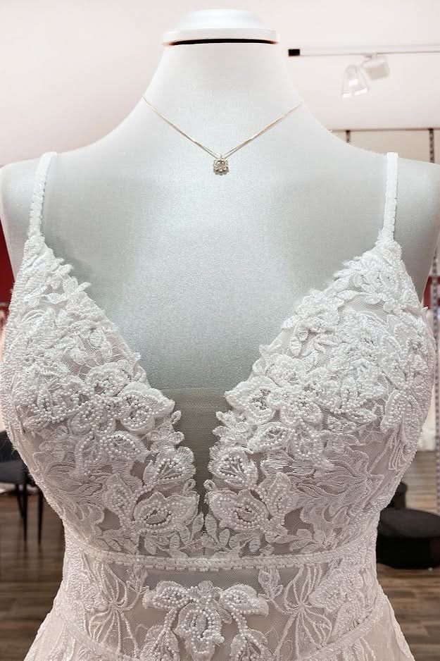 Long A-Line V-Neck Sleeveless Backless Wedding Dress with Tulle Ruffles and Lace Appliques BM bride