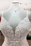 Long A-Line V-Neck Sleeveless Backless Wedding Dress with Tulle Ruffles and Lace Appliques BM bride