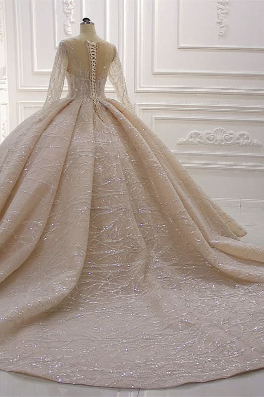 Bateau Long Sleeve Floor-Length Ball Gown Wedding Dress with Ruffles BM bride