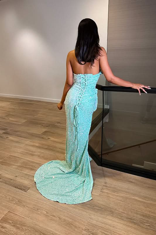 Baby Blue Sequins Evening Dress Sleeveless Taping V Neck with Slit BM bride