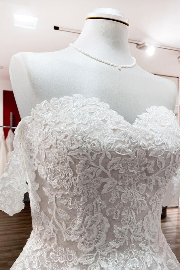 Modest Off-the-Shoulder Princess Wedding Dress with Tulle Lace Ruffles BM bride