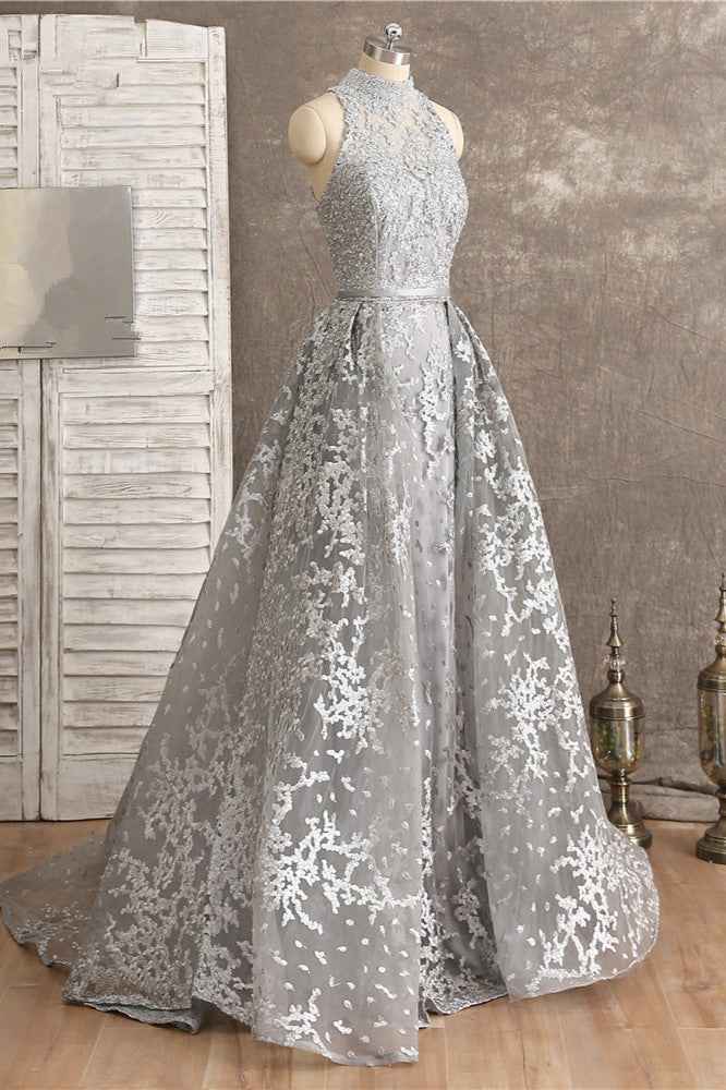 Silver High Neck Sleeveless Prom Dress Tulle Ruffles With Appliques