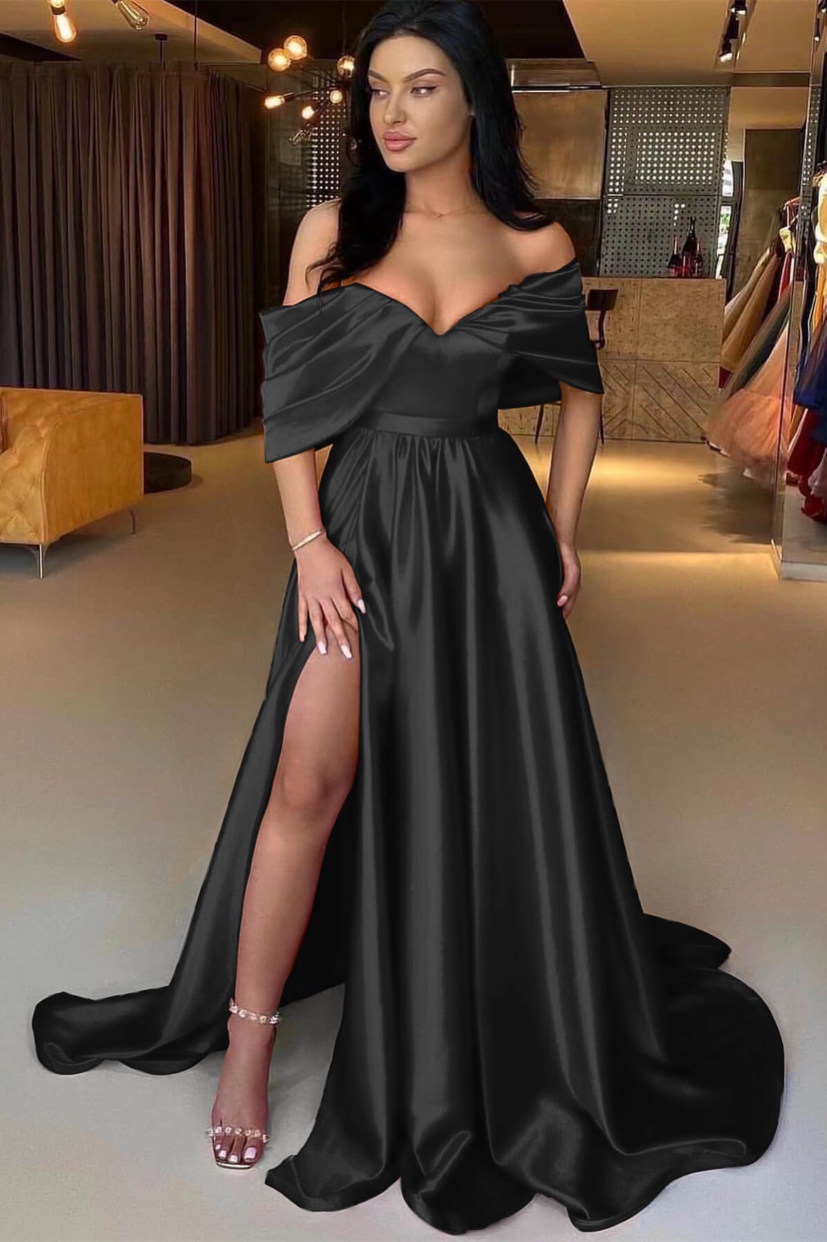 Charming Red A Line Off the Shoulder Strapless Long Prom Dress With Split BMBRIDE