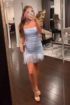Glitter Fuchsia Feathered Tight Short Homecoming Dress