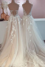 A-Line Backless Floor-length Wedding Dress With Tulle Lace Appliques BM bride