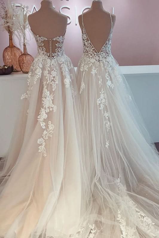 A-Line Backless Floor-length Wedding Dress With Tulle Lace Appliques BM bride