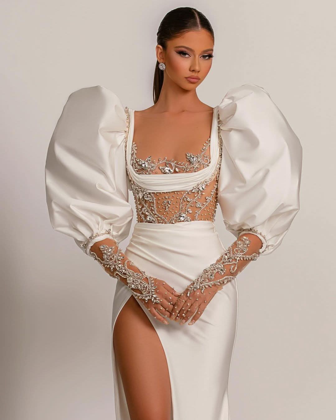 White Evening Dress Square Bubble Sleeves with High Split BM bride